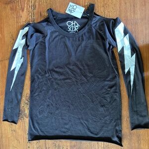 NWT Chaser Cold Shoulder Long Sleeve Lightening Bolt T-Shirt, Black, Size Small